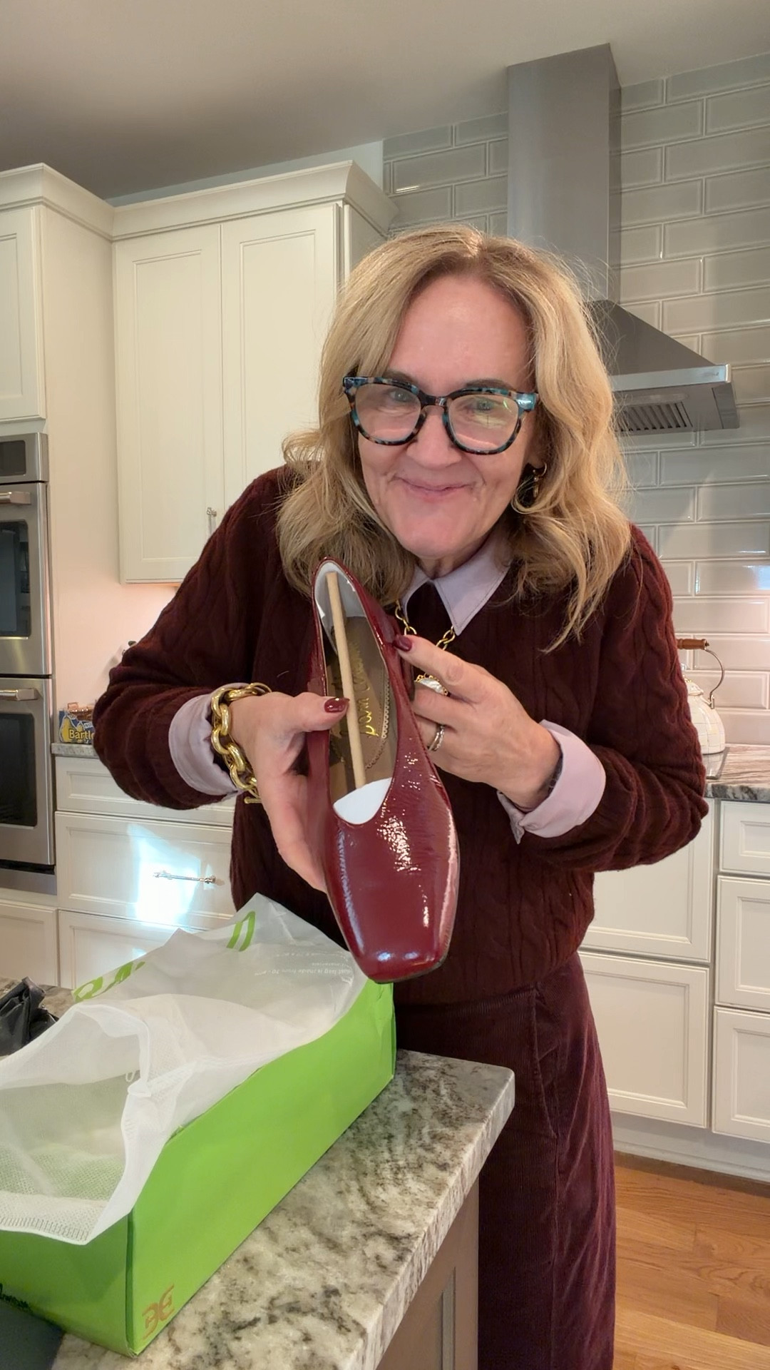 Unboxing! Bought my regular size. They’re beautiful. Burgandy leather San Edelman flats 
OOTD

Cashmere sweater I sized up to a large 
Blouse on sale! Wearing a medium. You may consider sizing up if your arms are thicker. 
Pull on barrel pants size small reg 
Brown suede booties I sized up 1/2 
Helene pendant on the Julie Vos sale 

#LTKootd #LTKSaleAlert #LTKOver40

#LTKstorytime #LTKOver40