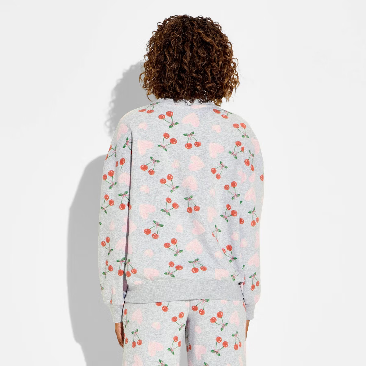 Women's Cherry Heart Fleece Graphic Pullover Sweatshirt - Heather Gray | Target