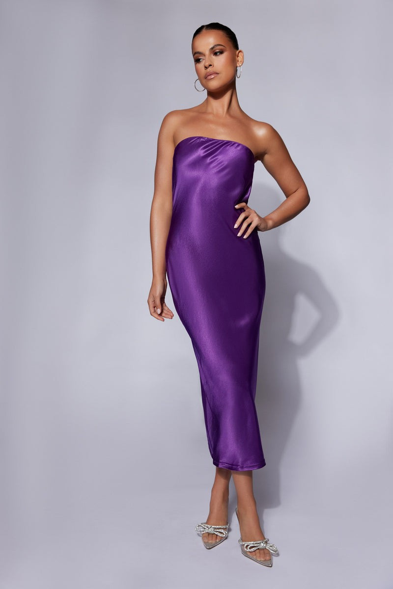 Tyler Strapless Satin Midi Dress - Grape | MESHKI US