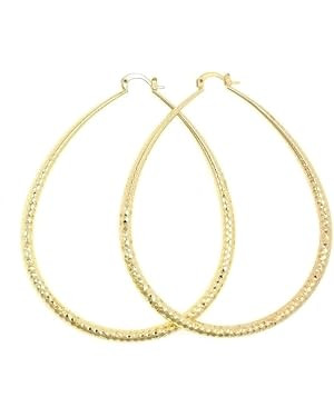 Women's 14K Gold Layered Oval Hoop Earrings Diamond Cut Finish Tear Drop Shape Hollow 4mm (64X50m... | Amazon (US)