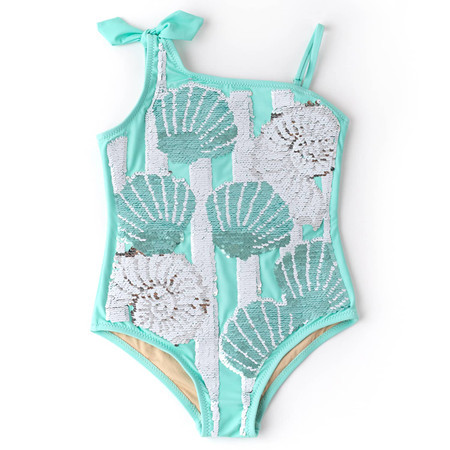 Mint Shells Girls Flip Sequin One Shoulder One Piece Swimsuit 7-10 | Shade Critters