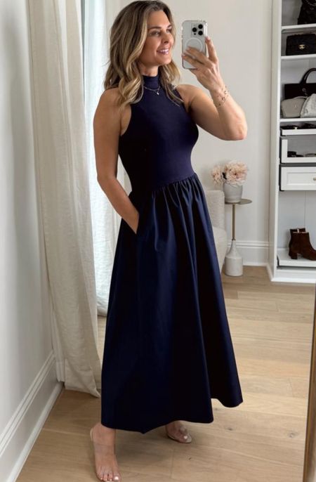 Navy blue dress from Amazon.  Love it once it settled down after I put it on. Cotton skirt has a beautiful shine and pockets. 
Ribbed knit top. Several colors. Wearing a navy blue. 

#LTKover40 #LTKfindsunder50 #LTKparties