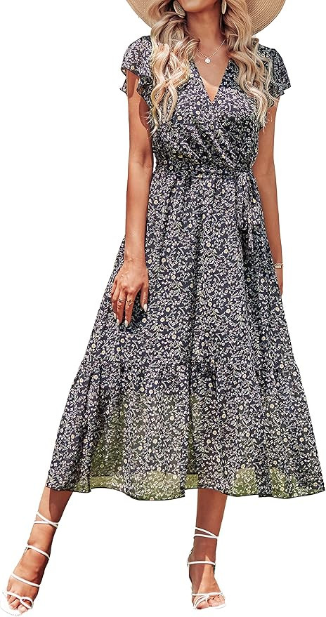 BTFBM Women Summer Bohemian Floral Casual Wrap V Neck Ruffle Cap Sleeveless Belt A-Line Pleated H... | Amazon (US)