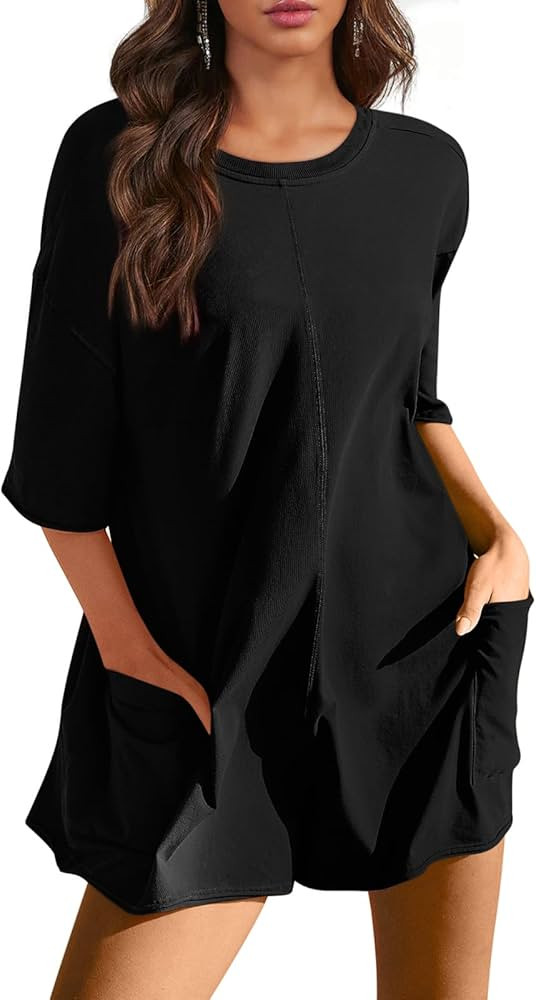 Yousify Rompers for Women 2024 Summer Athletic Oversized Romper Short Sleeve Jumpsuit Adult Onesi... | Amazon (US)