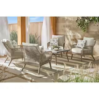 Hampton Bay Haymont 5-Piece Steel Wicker Outdoor Patio Conversation Deep Seating Set with Beige C... | The Home Depot