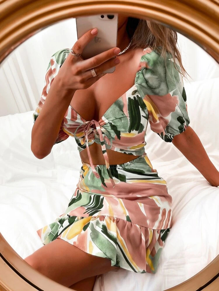 Brush Print Tie Front Peekaboo Ruffle Hem Dress | SHEIN