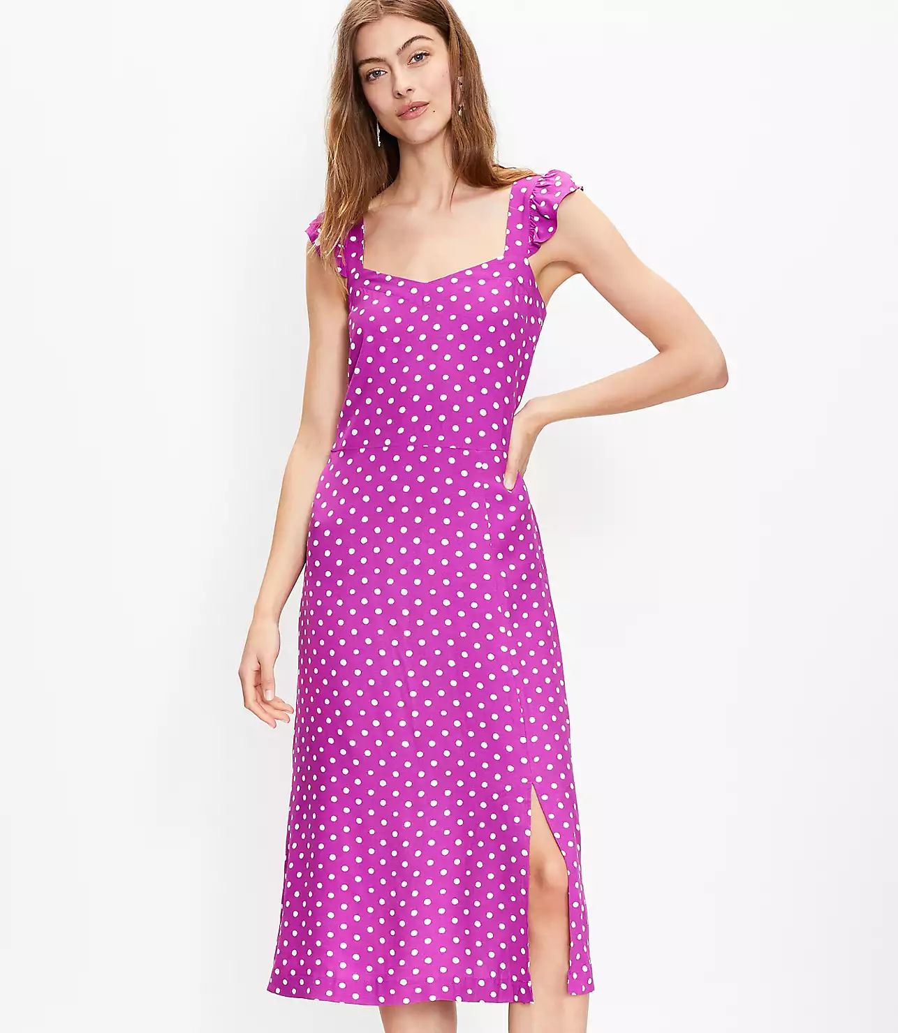 Dotted Ruffle Strap Pocket Midi Dress | LOFT