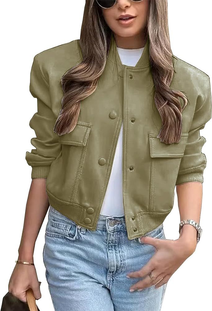 Women's Fashion Cropped Button Down Lightweight Cropped Bomber Jacket Varsity Shacket with Side Pock | Amazon (US)
