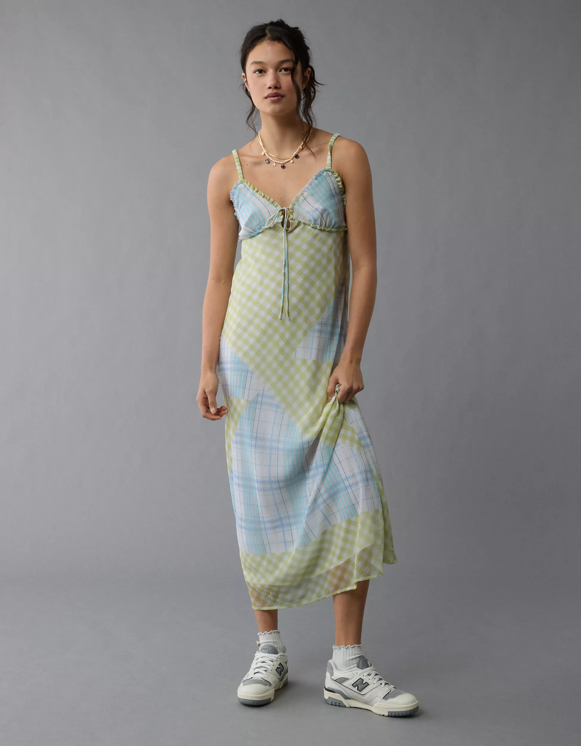 AE V-Neck Ruffle Midi Slip Dress | American Eagle Outfitters (US & CA)