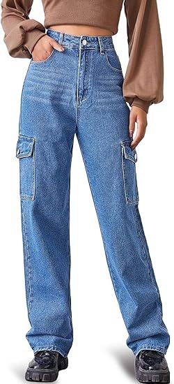 MUMUBREAL Women's High Waist Baggy Jeans Flap Pocket Side Relaxed Fit Straight Wide Leg Cargo Jea... | Amazon (US)