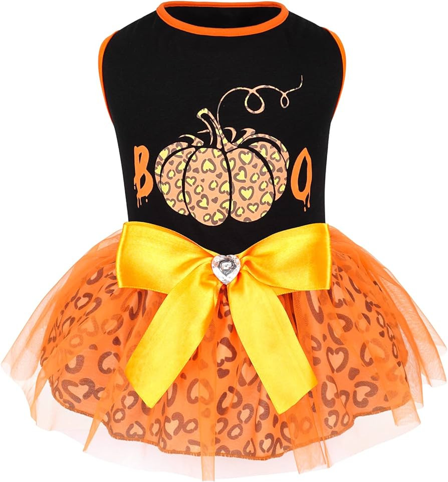 cyeollo Dog Dress Halloween Holiday Dog Clothes Boo Cute Leopard Print Pumpkin Party Outfit Tulle... | Amazon (US)