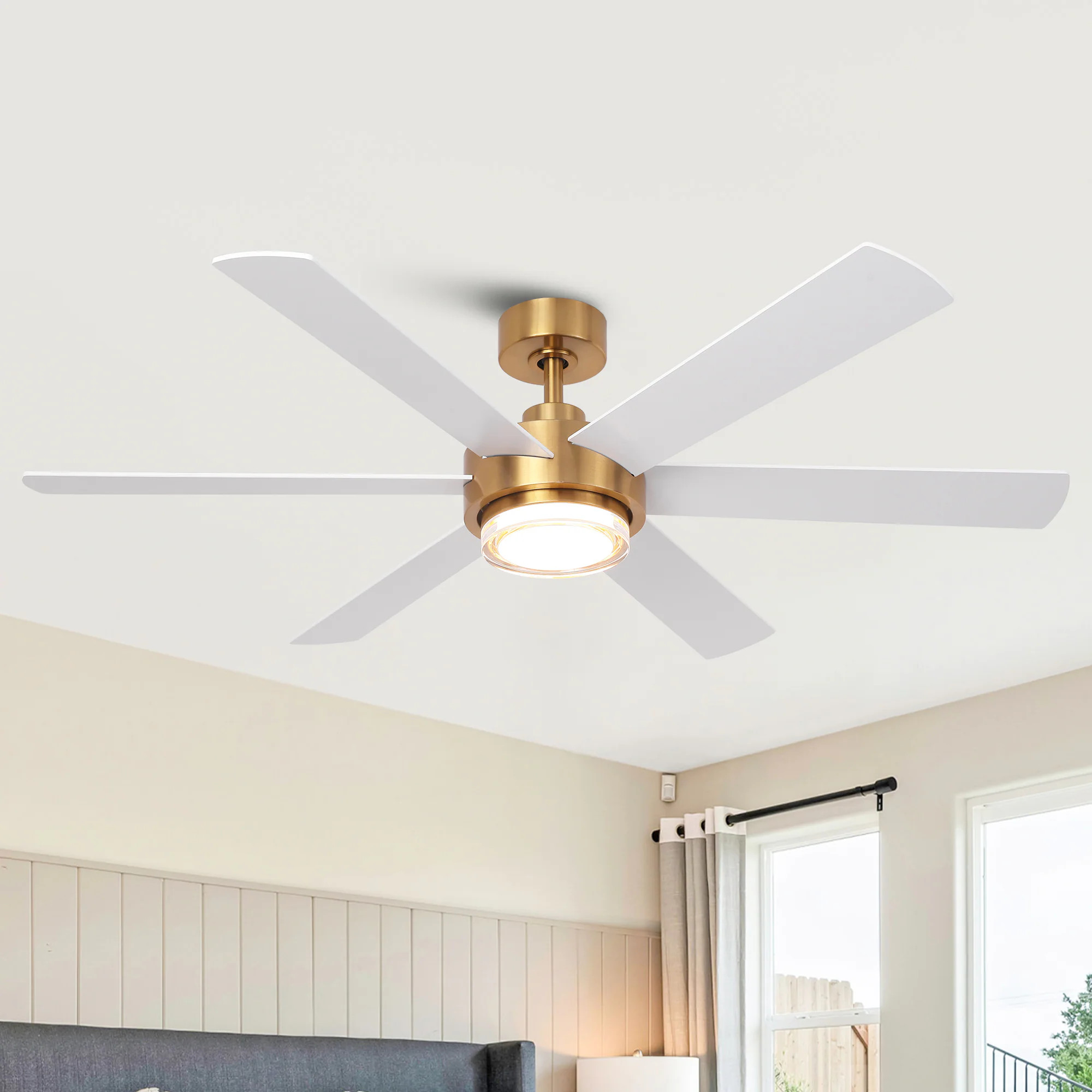 Parrot Uncle 54-in Brushed Gold with White Blades LED Ceiling Fan With Light and Remote Control Included 6 -Blade one_size | F6005GD | Lowe's