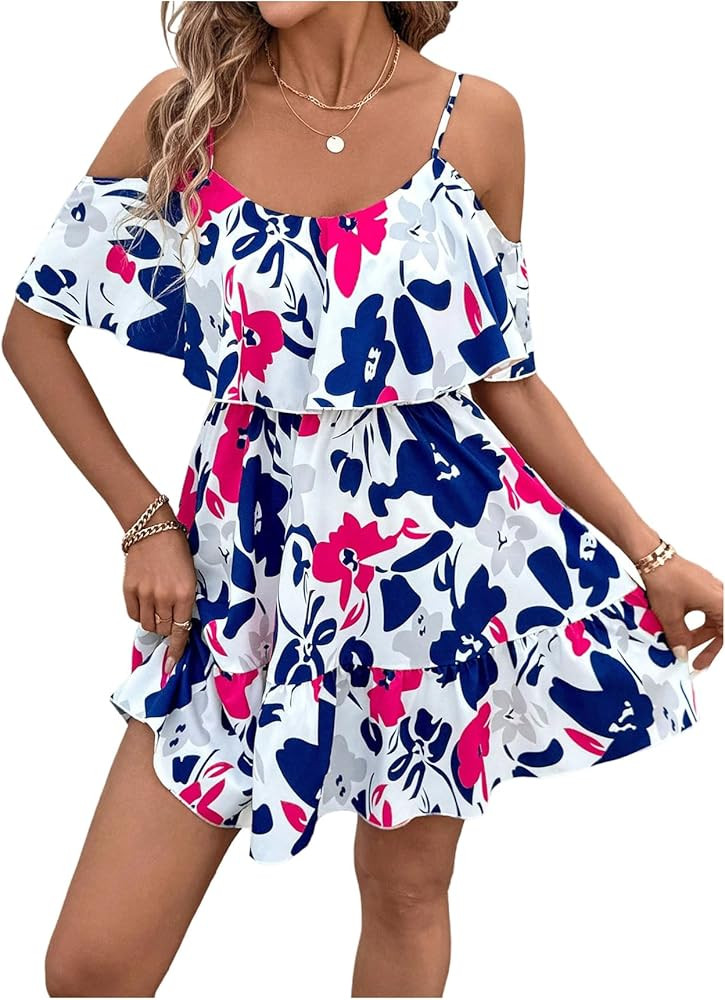SOLY HUX Women's Boho Floral Print Cold Shoulder Dress Short Sleeve Ruffle A Line Vacation Elegan... | Amazon (US)