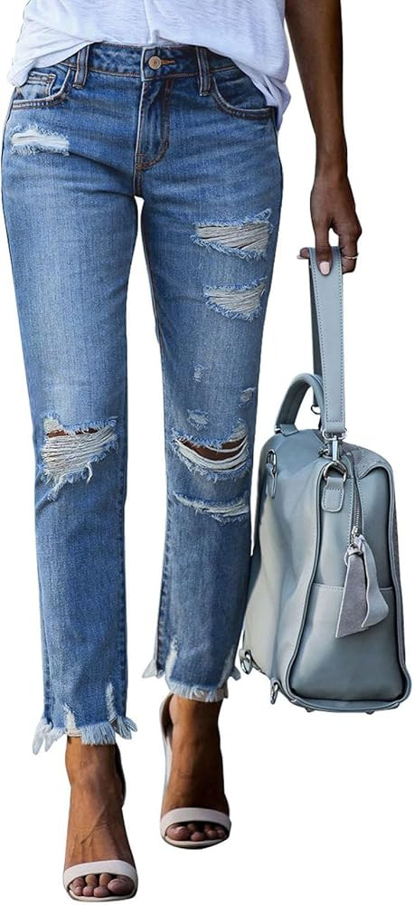 Sidefeel Women's Ripped Jeans Straight Leg Distressed Boyfriend Denim Pants | Amazon (US)