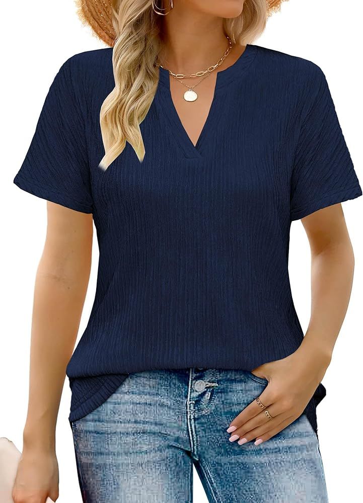 Summer Tops for Women Fashion Tshirts Short Sleeve Shirts Clothes Textured V Neck Casual Blouses | Amazon (US)