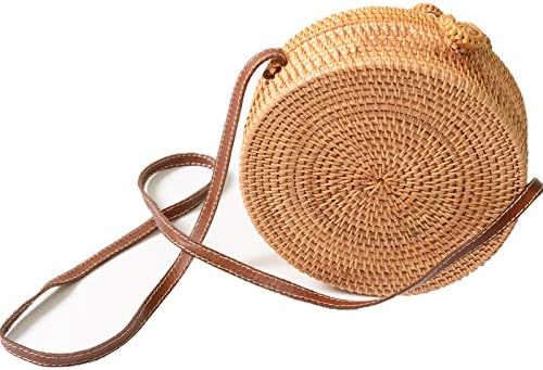 Via Moi Round Women Rattan Wicker Straw Weave Shoulder Bag Leather Vegan Strap Bow Hook | Amazon (UK)