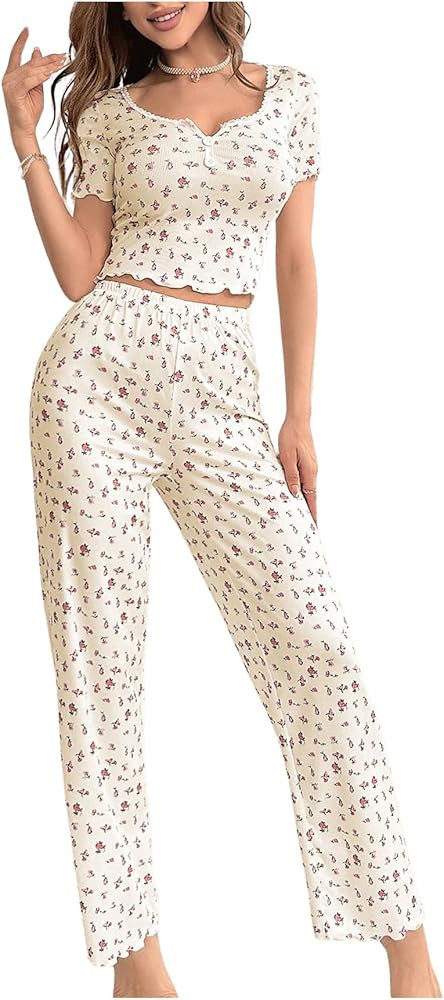 OYOANGLE Womens 2 Piece Cute Pajama Set Short Sleeve Floral Print Lace Splicing Sleepwear | Amazon (US)