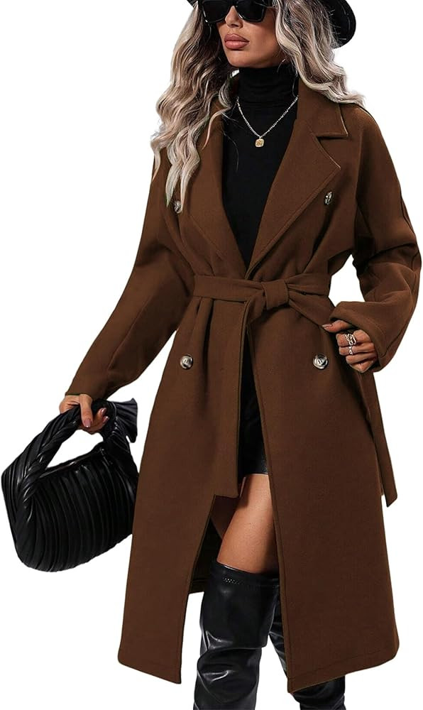 OPCAKM Women's Winter Wool Blend Pea Coat Double Breasted Notch Lapel Long Trench Coat | Amazon (US)