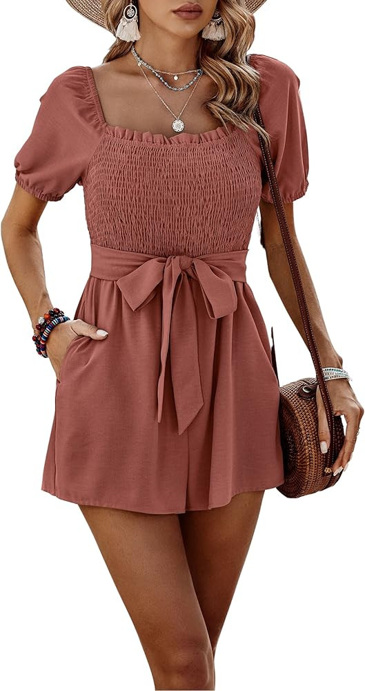 CCTOO Womens Rompers Smocked High Waist Ruffle Sleeves Short Outfits Jumpsuits with Belt | Amazon (US)