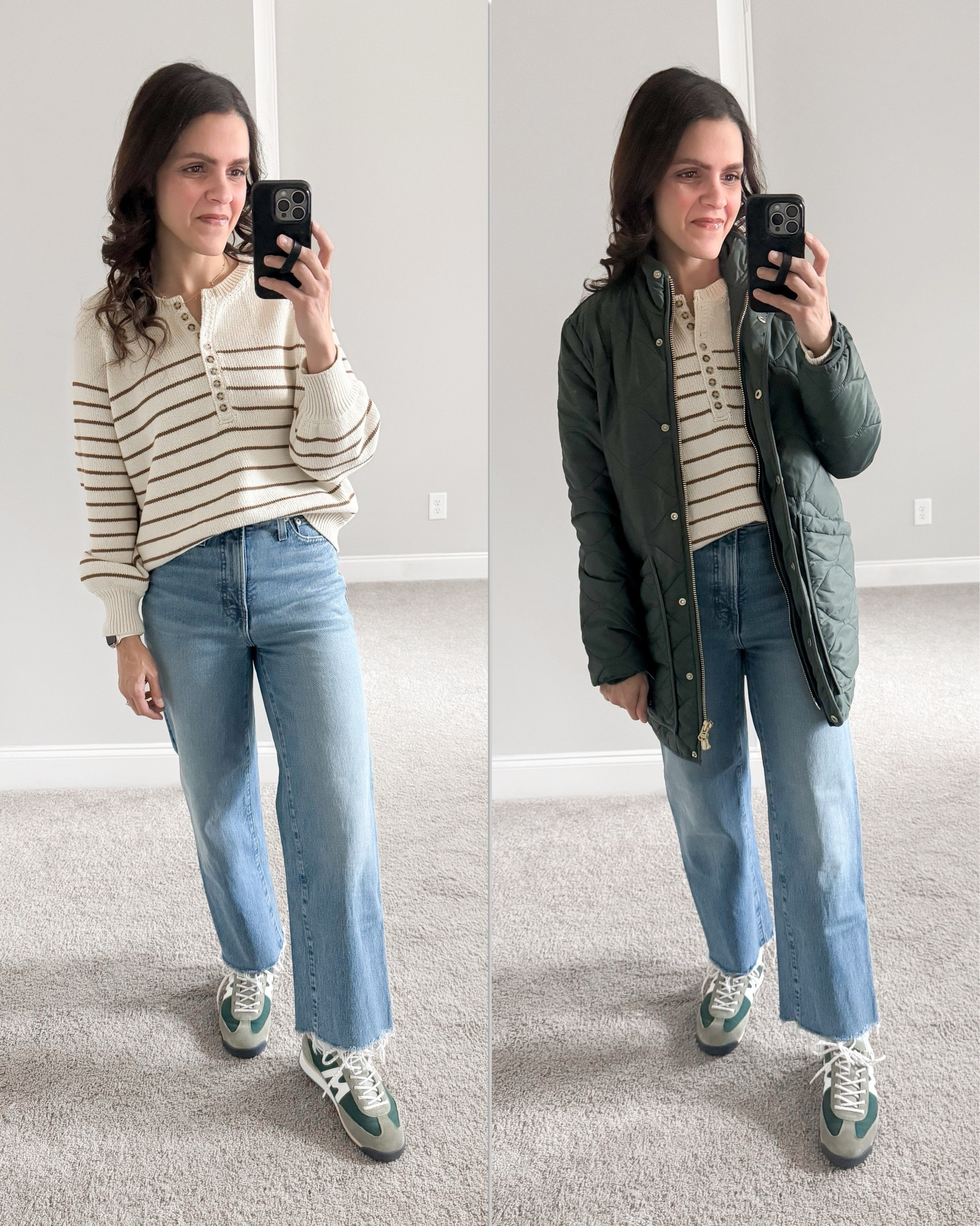 Saturday outfit - love to use easy outfit combos: striped sweater + denim

striped sweater - tts
crop wide leg jean - linked current 
green sneaker - tts
quilted barn jacket - xs 

#LTKStyleTip