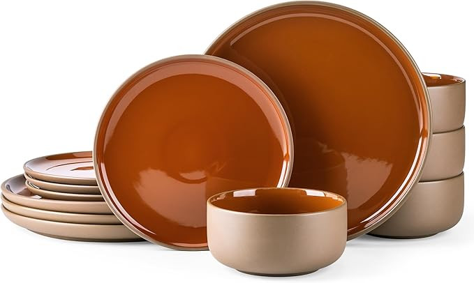 Plates and Bowls Sets for 4, 12 Pieces Handpainted Plates and Bowls Set with Rustic Terracotta Ou... | Amazon (US)