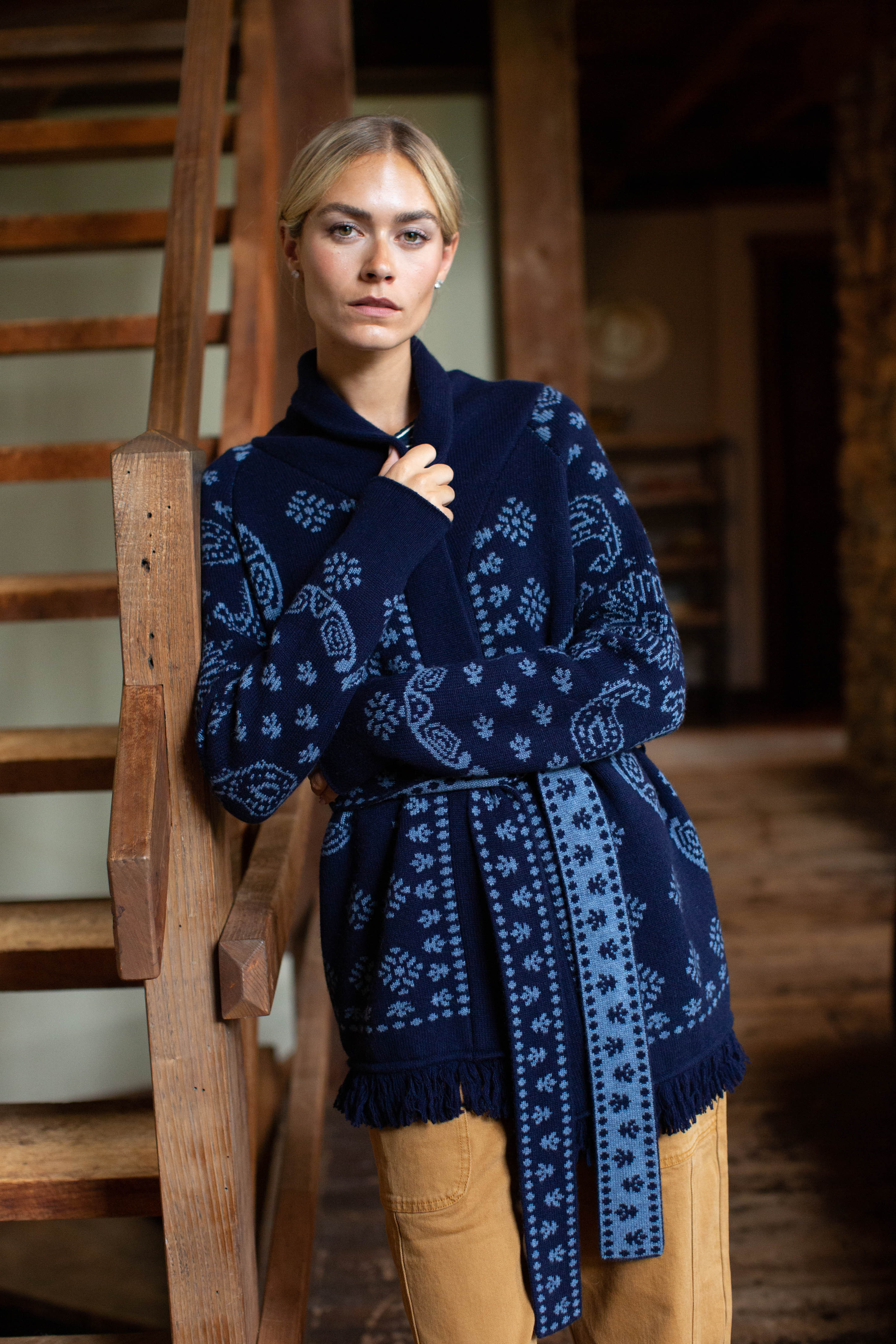 PRE-ORDER Marea Shawl Cardigan in Bandana Fringe - Navy | Marea