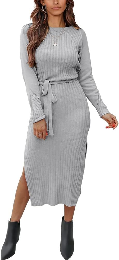 PRETTYGARDEN Women's Long Sleeve Crewneck Two Side Slit Tie Waist Slim Fit Sweater Dress Ribbed K... | Amazon (US)