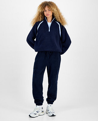 Hiippie Rose Juniors' Half-Zip Sherpa Fleece Top & Sherpa Fleece Cargo Pants | Macy's