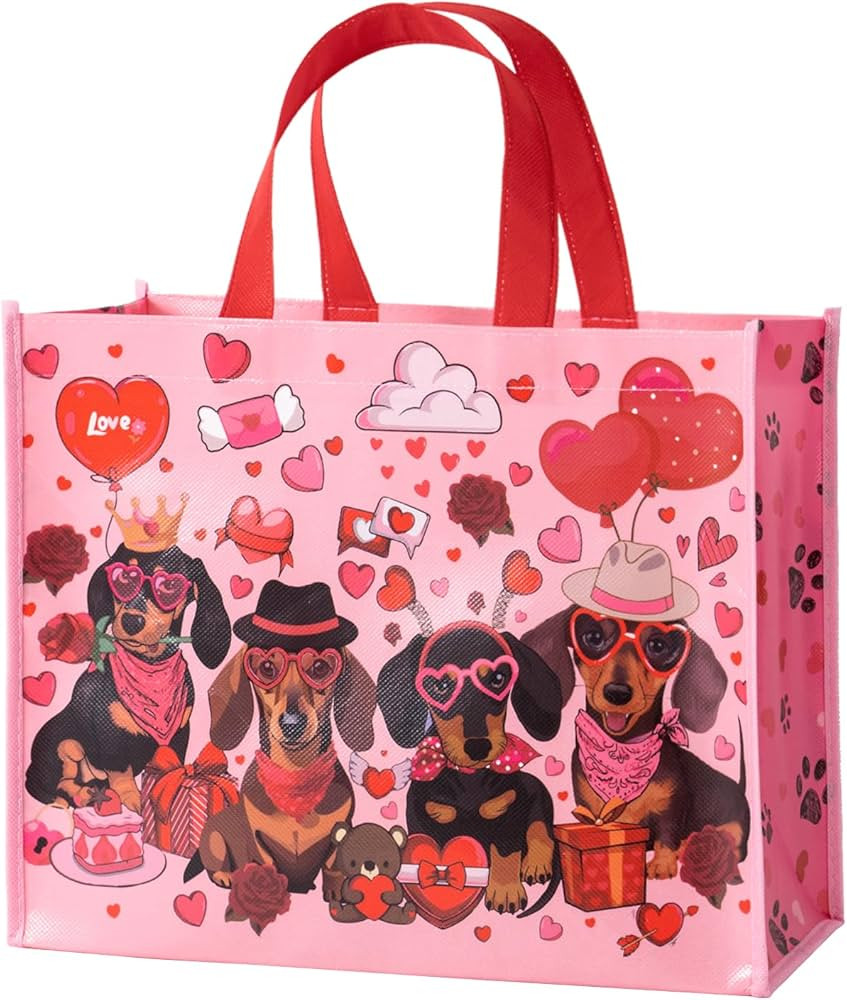 WRAPAHOLIC 13" Large Reusable Dachshund Valentine's Day Gift Bag with Handles - Pink Love Dachshu... | Amazon (US)