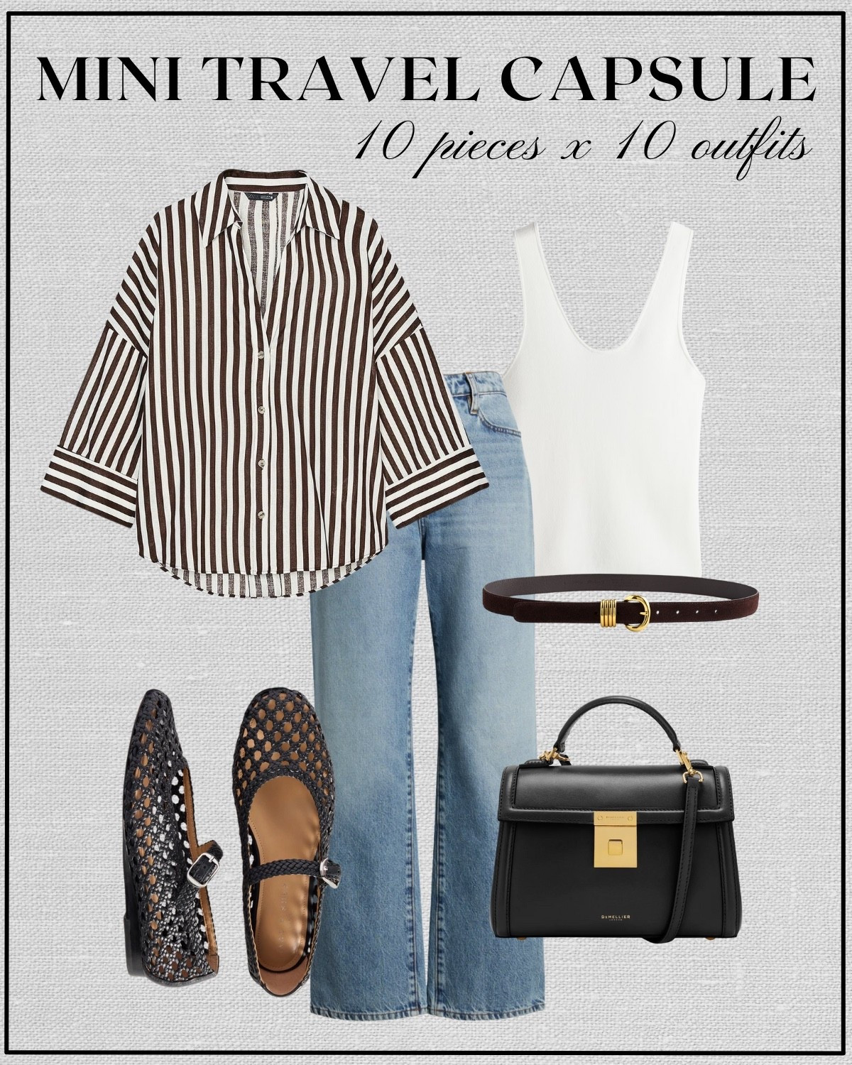 10x10 mini travel capsule: Paris edition 

Oversized striped shirt / white cami / light blue wash wide leg jeans / black mesh ballet flats / black purse / minimal belt / relaxed style / France 

#LTKTravel #LTKStyleTip