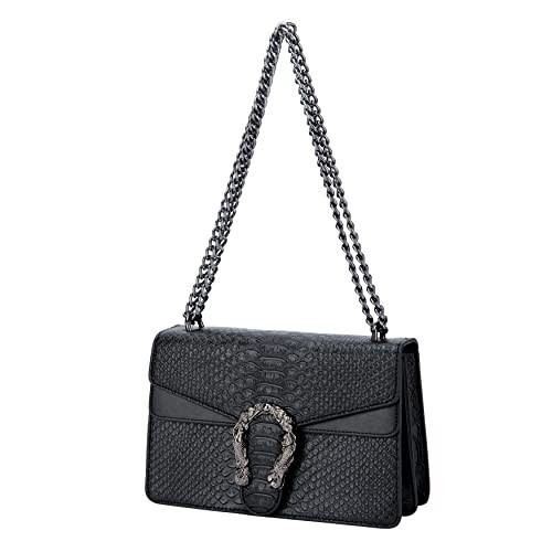Leather Shoulder Bag Chain Purse for Women - Fashion Crossbody Bags Vintage Snake Print Underarm Bag Square Satchel Clutch Handbag（Black） | Amazon (US)