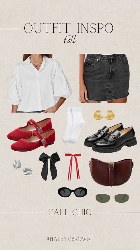 Fall Lunch Outfit, Black Oval Sunglasses, Baby Doll Top, Black Loafers, Red Ballet Flats, Red Chunky Earrings, Red Hair Ribbon, Red Handbag, Rectangle Sunglasses, Jean Shorts, Red Fall Accessories, Fall Outfit Inspo, Fall Transitional Outfit, Gold Chunky Earrings

#LTKSeasonal #LTKshoecrush #LTKsalealert