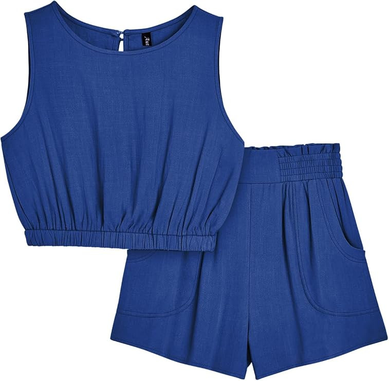 AUTOMET Women's Summer 2 Piece Outfits Shorts Sets Sleeveless Round Neck Crop Tank Top and High W... | Amazon (US)