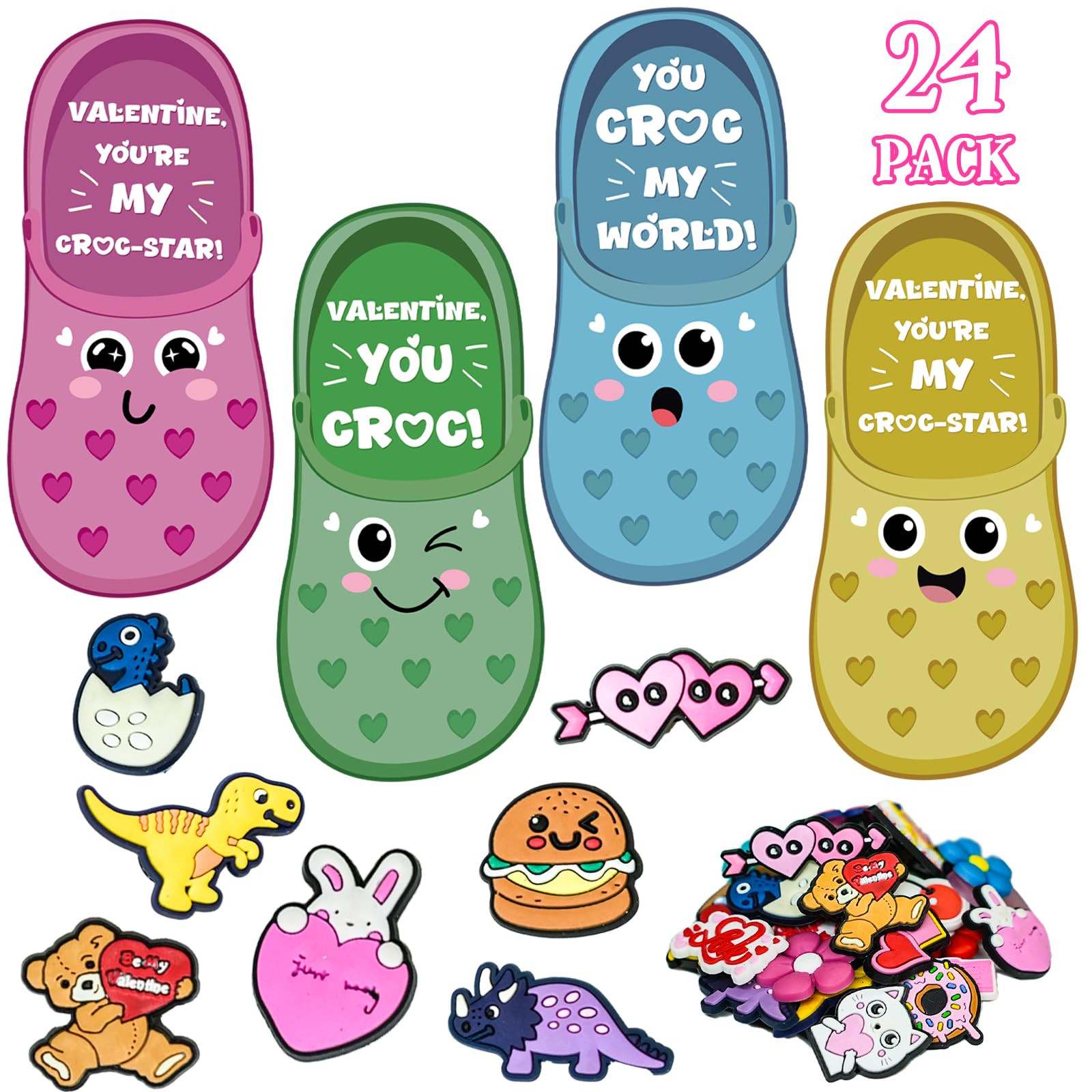 Valentines Day Gifts for Kids - 24 Valentine Cards with 48 Shoe Charms Bulk - Valentine Exchange ... | Amazon (US)