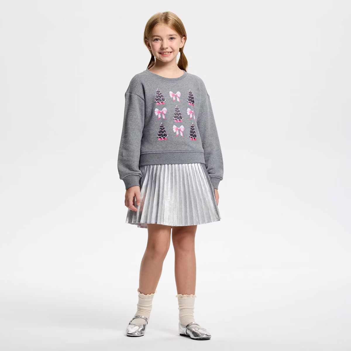 Owillo® Girls' French Terry Trees and Bows Sweatshirt - Gray | Target