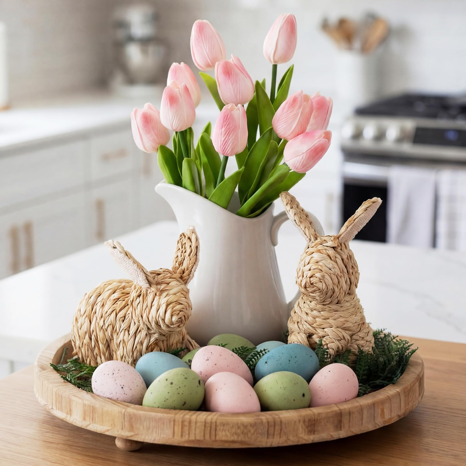 Dingion 28 Pcs Easter Table Centerpiece Spring Tray Decorations Includes 2 Rattan Bunnies, 16 Pas... | Amazon (US)