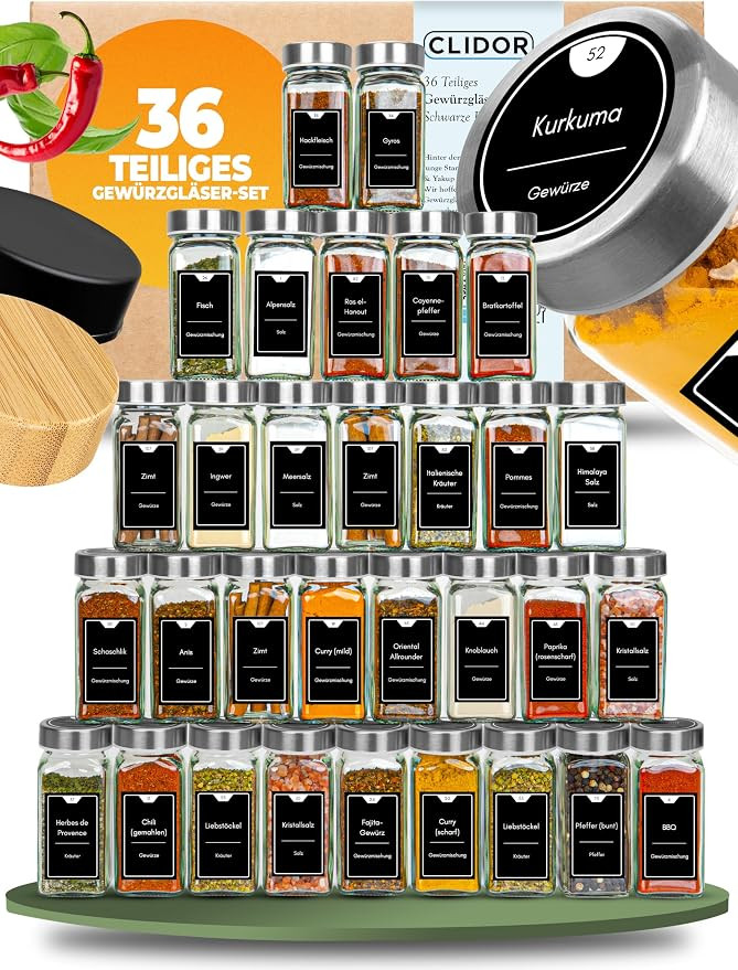 CLIDOR Gewürzgläser eckig [36 x 125ml], Luftdichte Gewürzgläser mit Streueinsatz + 248 wasser... | Amazon (DE)
