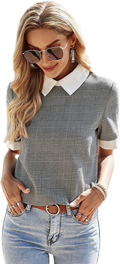 Romwe Women's Cute Contrast Collar Short Sleeve Casual Work Blouse Tops | Amazon (US)