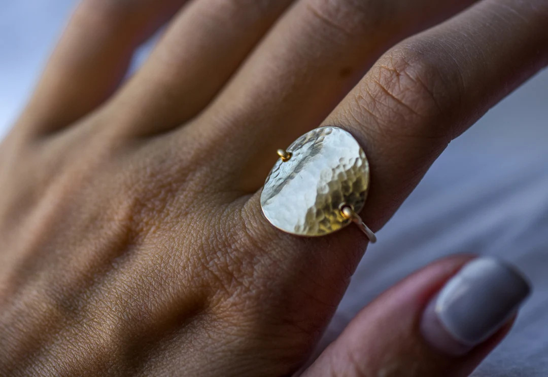 Disc Ring Gold Hammered Disc Ring Circle Ring Organic Ring Hammered Ring 14k Gold Filled Ring - E... | Etsy (US)