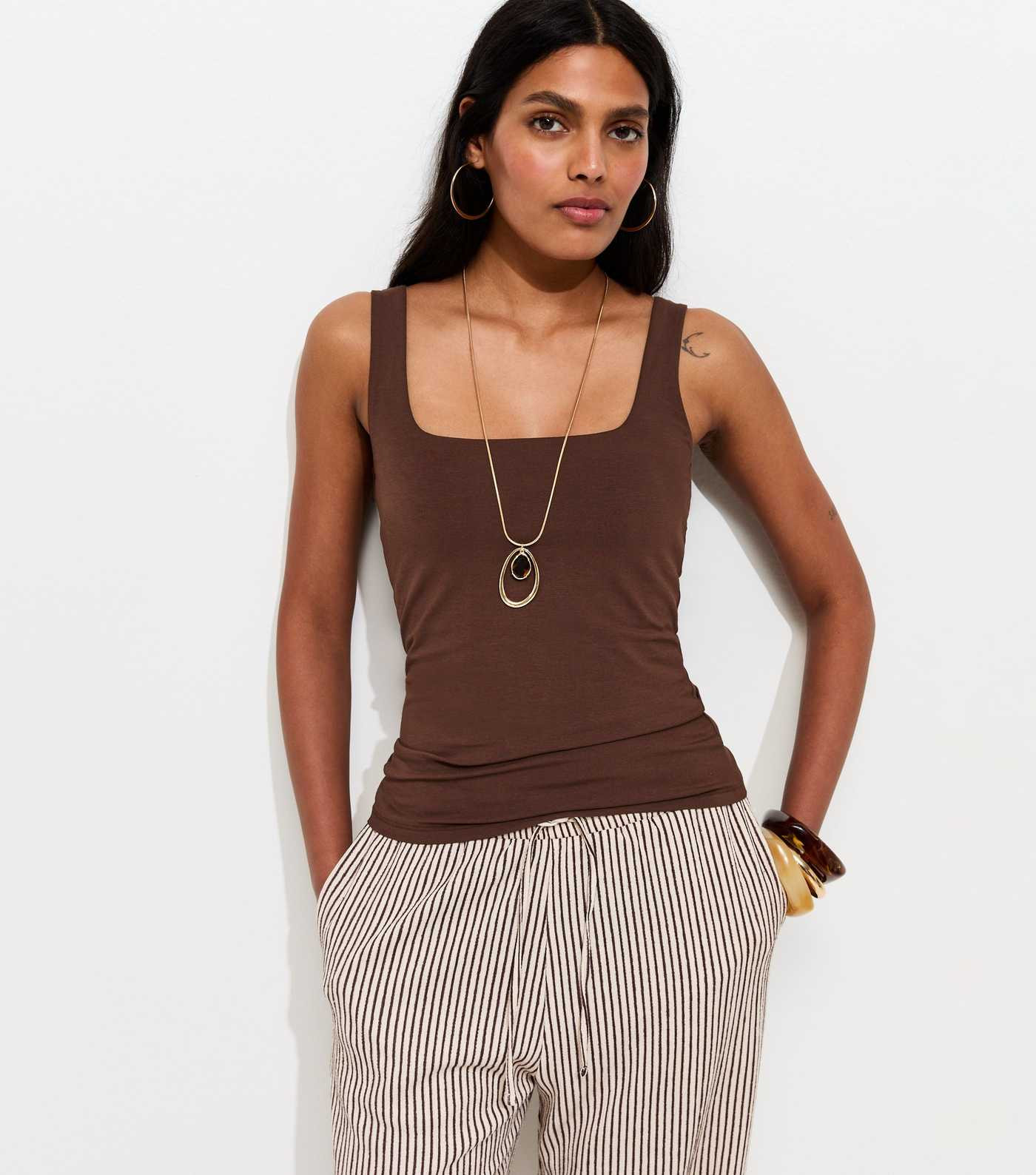 Dark Brown Square Neck Vest | New Look | New Look (UK)