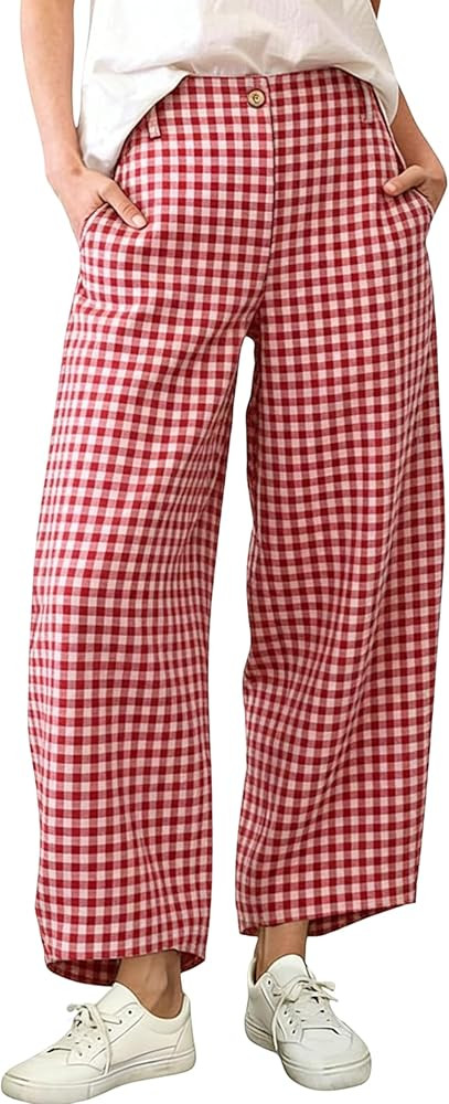 MINSURE Women's Cotton Gingham Pants Wide Leg Capri Beach Pants 2026 Summer Casual Baggy Palazzo ... | Amazon (US)