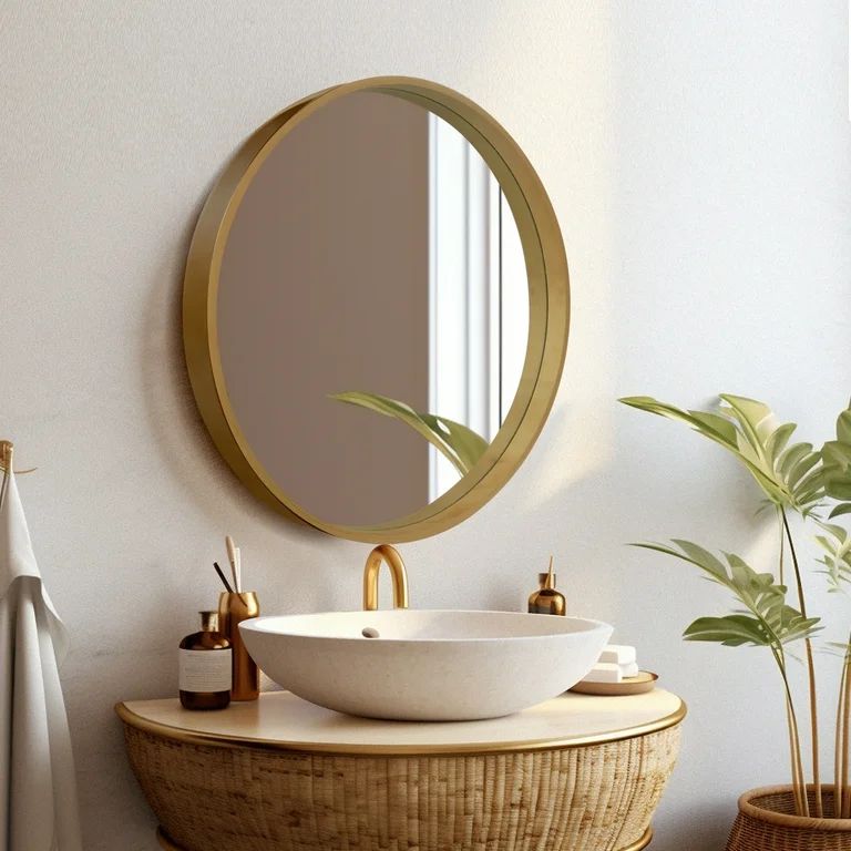 WallBeyond 24 inch Wood Round Mirror, Modern Circle Wall Mirror for Bathroom Vanity, Natural Wood | Walmart (US)