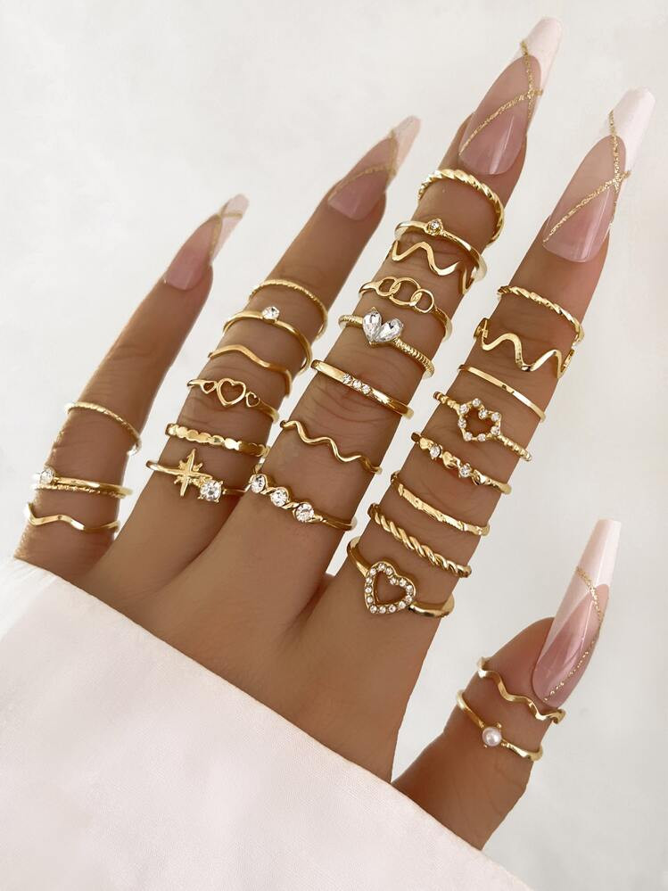 28pcs/set Fashionable Ring Set With Heart Shaped Design, Geometric Style And Bohemian Element Acc... | SHEIN