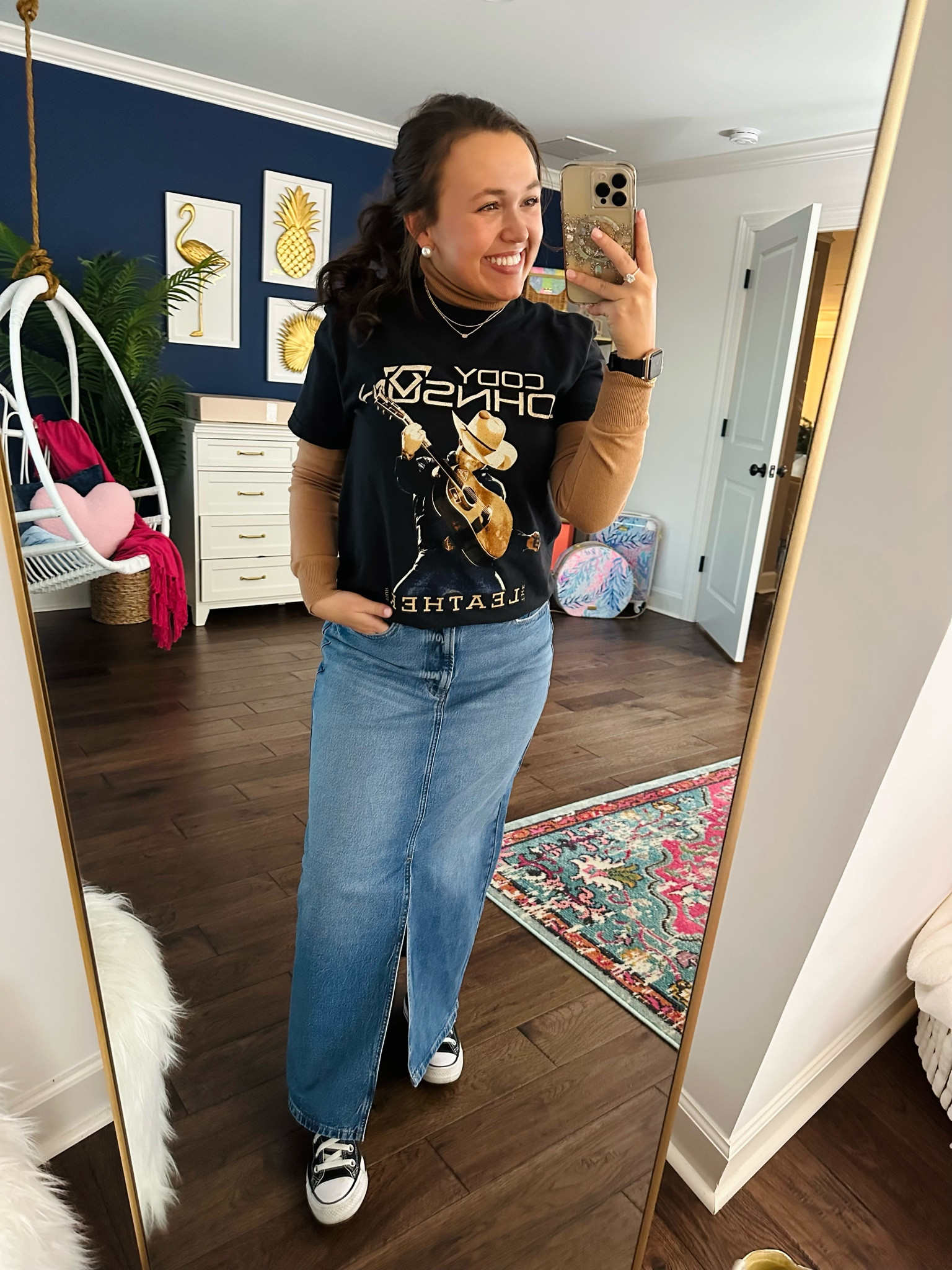 My favorite way to wear tees in the winter is by layering a turtleneck underneath them! My tee I bought I from my recent COJO concert but linking similar ones below 🤠🌟 

Graphic tees. Graphic tee outfits. Denim skirt. Split denim skirt. Black converse. Turtle neck. Winter outfits. Transitional outfits. Cody Johnson. Concert outfits. Trendy fashion 

#LTKfindsunder100 #LTKfindsunder50 #LTKstyletip