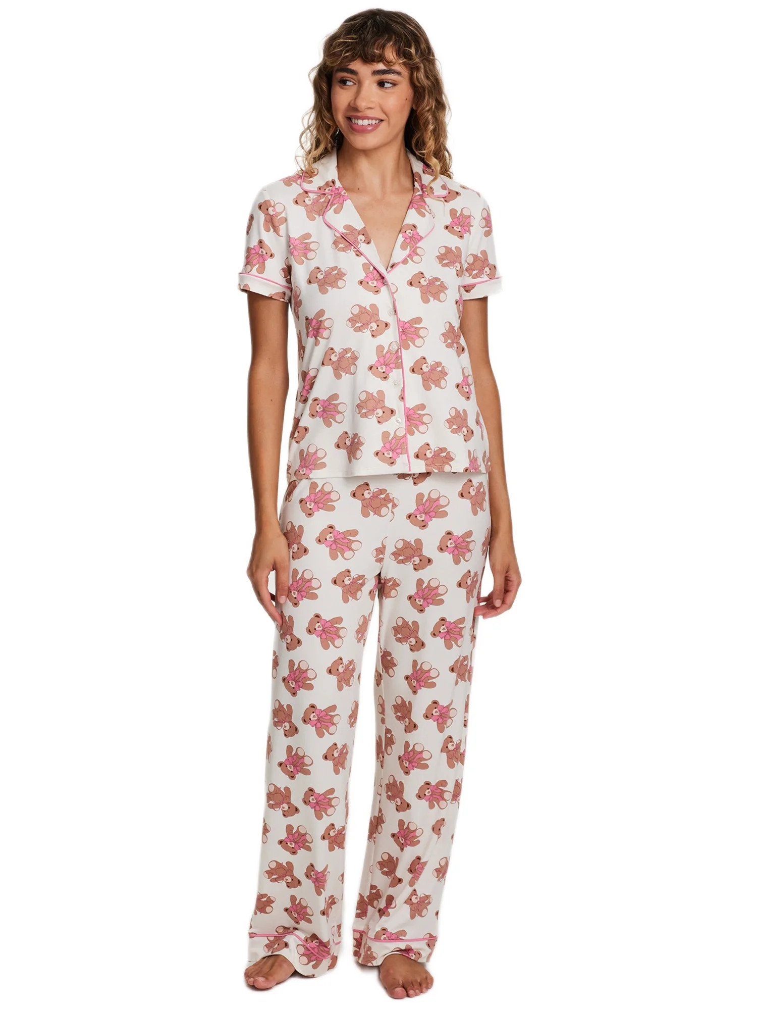 Sleep & Co. Women's & Women's Plus Short Sleeve Fesitve Notch Collar Button Down with Pant Pajama... | Walmart (US)