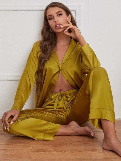 Shawl Collar Solid Satin PJ Set | SHEIN