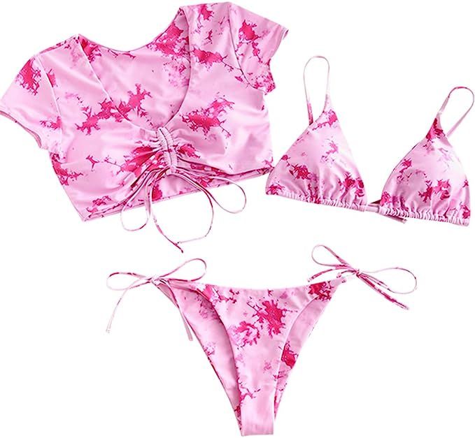 ZAFUL Women's Tie Dye Cinched String Triangle Bikini Set Three Piece Swimsuit | Amazon (US)