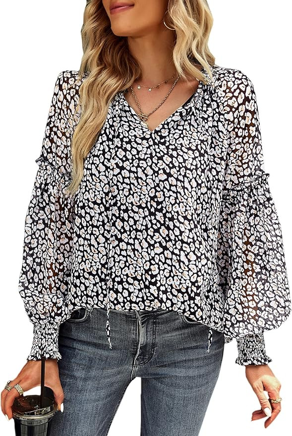 Angashion Womens Tops Casual Boho Floral Print V Neck Long Sleeve Blouses Loose Ruffle Shirts Tun... | Amazon (US)