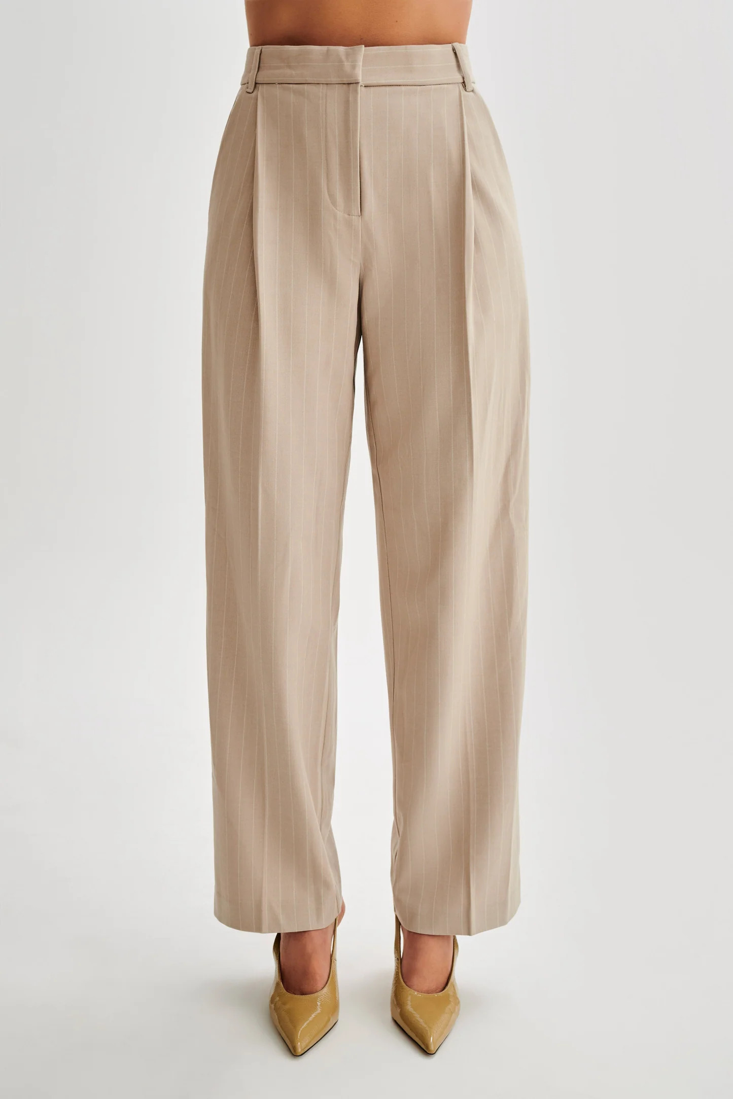Amelie Suiting Straight Leg Pants - Taupe Pinstripe | MESHKI US
