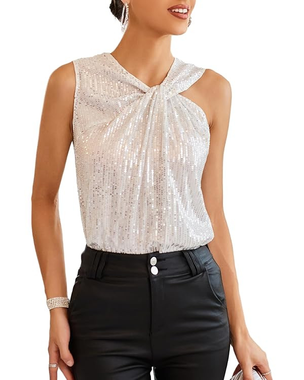 GRACE KARIN 2023 Women's Asymmetrical Twist Neck Sequin Top Slim Fit Cocktail Sparkle Tank Tops | Amazon (US)